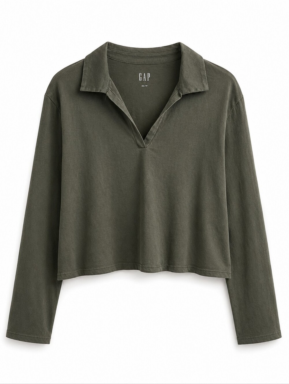Gap Olive Green Long Sleeve Collared V-Neck Cropped Top Size XL